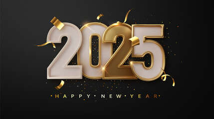 Wall Mural - happy new year 2025. greeting new year dark banner with golden numbers date 2025 on dark christmas b