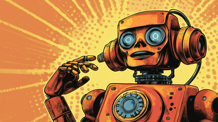 Wall Mural - a robot with a human-like appearance is talking on an old-fashioned rotary phone. it's a fun, retro-