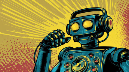 Wall Mural - a robot with a human-like appearance is talking on an old-fashioned rotary phone. it's a fun, retro-