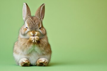 Adorable fluffy rabbit sitting in a grassy garden, surrounded by greenery, with a cute and gentle expression