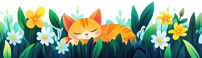 A cat sleeping in a field of flowers, flat design, top view, sweet theme, animation, vivid