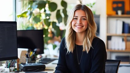 Poster - Young woman with long hair sits confidently at desk in modern office surrounded by plants and technology during daylight