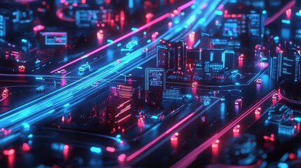 Futuristic Neon City Skyline in Cyberpunk Style