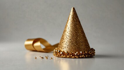 Glittery gold New Year's party hat on a white background.