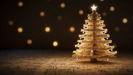 Wall Mural - Glowing Christmas tree made of a musical score in a cozy, candlelit room.