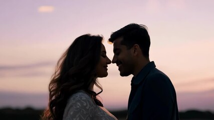 romantic sunset silhouette of loving couple embracing outdoors