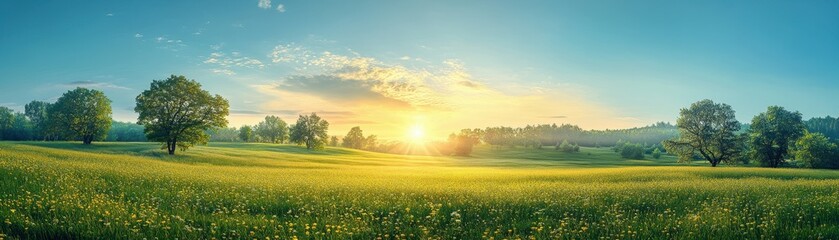 Wall Mural - Beautiful Sunrise Over a Lush Green Meadow with Wildflowers and Trees Under a Clear Blue Sky