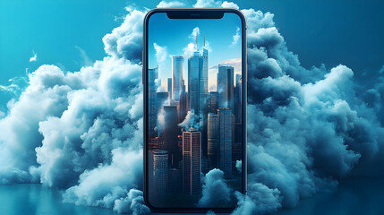 Poster - Cityscape Through Phone Screen Surrounded by Clouds