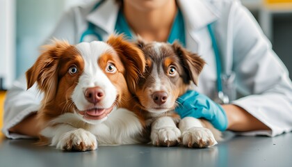 Wall Mural - Joyful veterinarian in white coat embraces happy small dog, showcasing the compassion of veterinary care and the special bond between animals and their caregivers