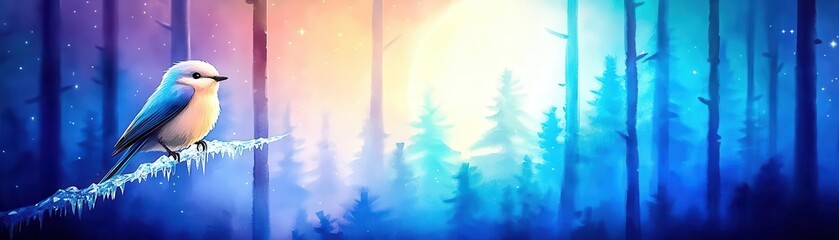 Wall Mural - Innocent bird perched on a crystal branch, moonlit forest, magical ambiance, Watercolor style