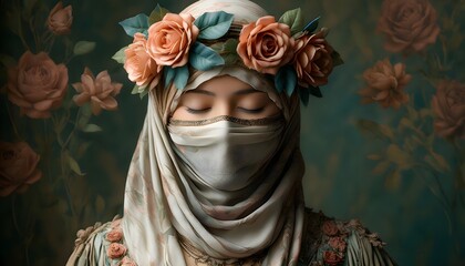 Mysterious vintage portrait of a person with closed eyes, featuring an ornate headscarf and a delicate floral crown