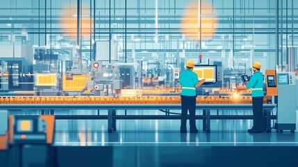 Poster - workers engaged in automated production line tasks inside a modern factory during daylight hours