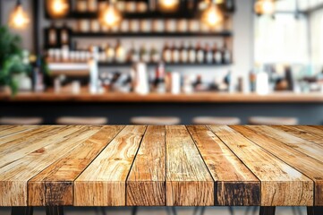 Poster - Empty wooden tabletop with blurred cafe background
