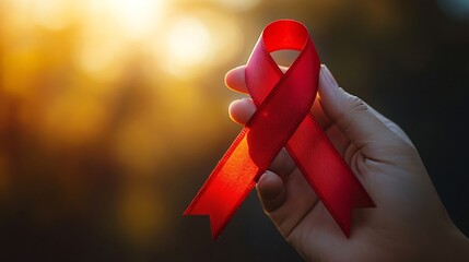 Wall Mural - Close-up of a hand holding a red ribbon symbolizing support for World AIDS Day with a blurred background highlighting the significance Large space for text in center Stock Photo with copy space