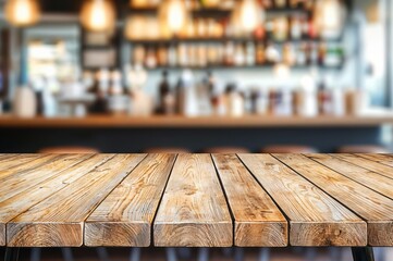 Poster - Empty wooden table top with blurred coffee shop background