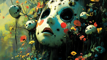 Canvas Print - A Child's Face Emerging from Flowers with Surrealism and Eerie Details