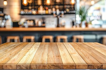 Poster - Empty wooden table top with blurred coffee shop background
