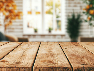 Poster - Empty wooden table top with blurred autumn background