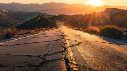 Worn mountain roadway featuring extensive fissures from erosion or seismic events restricting traffic to one lane