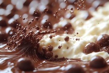 Splash of chocolate and milk on a dark background close-up. Close up of a chocolate and white cream background, shallow depth of field