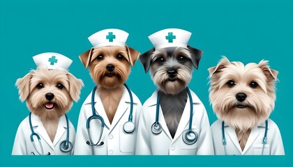 Wall Mural - Adorable dog in a doctors coat with stethoscope, gazing intently at the camera with a serious expression