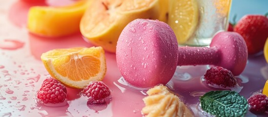 Sticker - Pink dumbbell with fresh fruits and mint leaves on pink background with water drops.