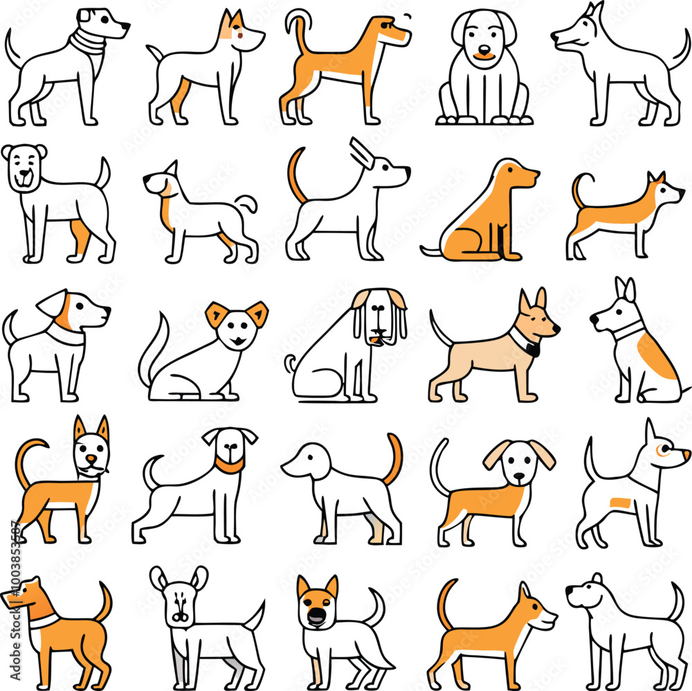 25 icon set of funny hand drawn dogs, animals vector illustration ...