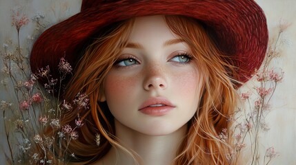 Canvas Print - Portrait of a Woman with Red Hair and a Hat