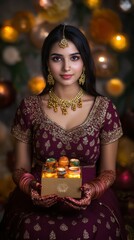 Wall Mural - Portrait of Indian woman in maroon lehenga, with intricate henna designs on her hands, holding a Diwali gift box, surrounded by festive decorations, Indian traditional Diwali festival, Diwali