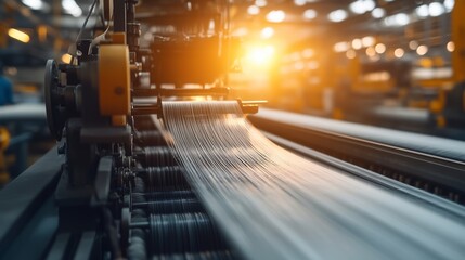 Poster - Industrial machinery working on a production line during sunset, showcasing the process of manufacturing metal strips in a factory