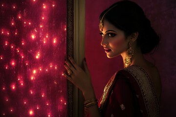 Portrait of Indian woman in rich burgundy saree with gold accents, opening the door for guests, with a burgundy to soft pink gradient glowing backdrop, Indian traditional Diwali festival, Diwali