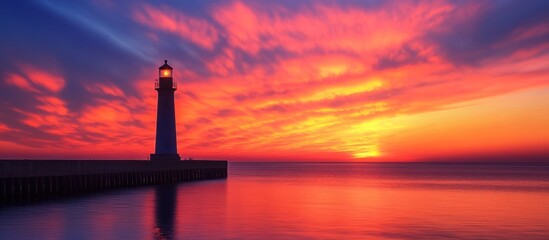 Sticker - Lighthouse silhouette against a colorful sunset sky.