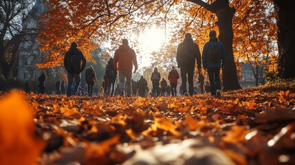 Poster - A group of people walking in a park with leaves on the ground