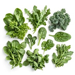 Wall Mural - Fresh green leafy vegetables including spinach, kale, arugula, and lettuce arranged artfully. Perfect for healthy eating, cooking tips, and nutrition. A vibrant display of greens. AI