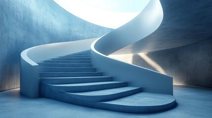 Canvas Print - A spiral staircase is shown in a white room with blue walls