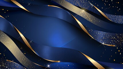 Canvas Print - Blue background with golden lines, blue ribbon, glitter light effect and bokeh decoration. Luxury style design background