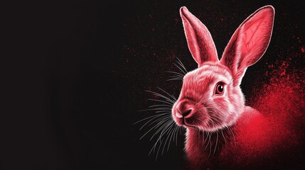  A painting of a rabbit's face against a black backdrop, adorned with red splatters