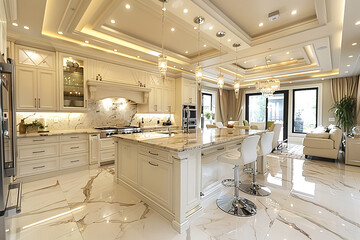 Kitchen European palace modern style interior design in white with antique carved furniture.