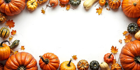 Banner with frame of realistic pumpkins with textured skin isolated on clean white background. Halloween thanksgiving