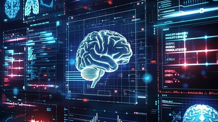 Poster - digital brain surrounded by data processing on computer screens representing artificial intelligence