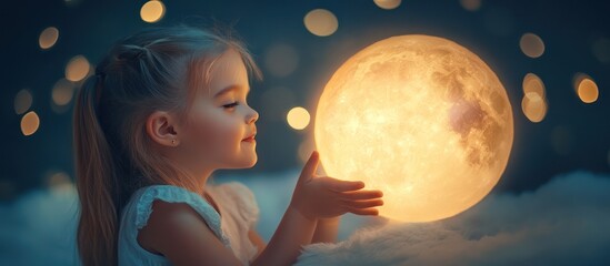 Sticker - Little girl holding a glowing moon in her hands while smiling and dreaming.