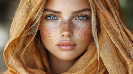 Wall Mural - Close up of a woman's face with freckles and scarf 