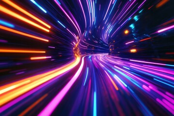Fototapete - Vibrant light trails create a dynamic, futuristic tunnel effect, showcasing speed and motion in vivid colors.