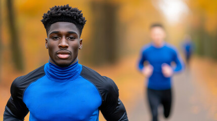 Wall Mural - Young man jogging outdoors in a sunny autumn forest. Fitness male exercising in the park