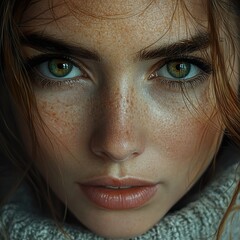 Wall Mural - Close-up Portrait of a Woman with Green Eyes and Freckles