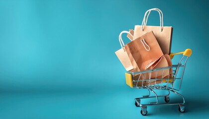 Small paper shopping bags with shopping cart on blue background 