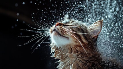 Poster - An amusing shot of a cat shaking off water after a bath, droplets flying in all directions, capturing the playful and energetic nature of felines post-bath.