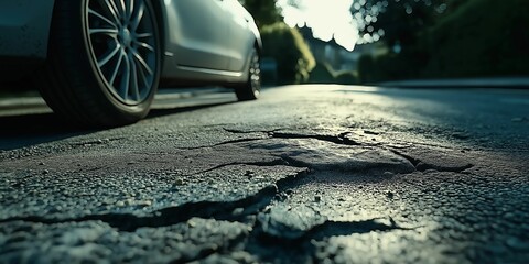 Close view of a cracked road surface with a parked car, highlighting urban infrastructure and potential repair needs