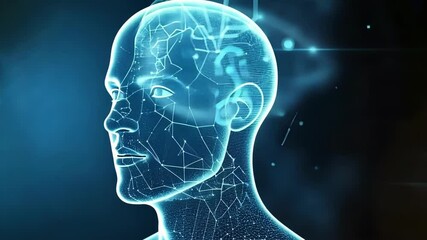 Poster - digital human face is being formed by glowing particles and network connections, symbolizing the fut
