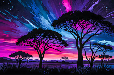 Wall Mural - neon silhouettes of acacia trees a vibrant, neon oil painting featuring watercolor vector painting a
